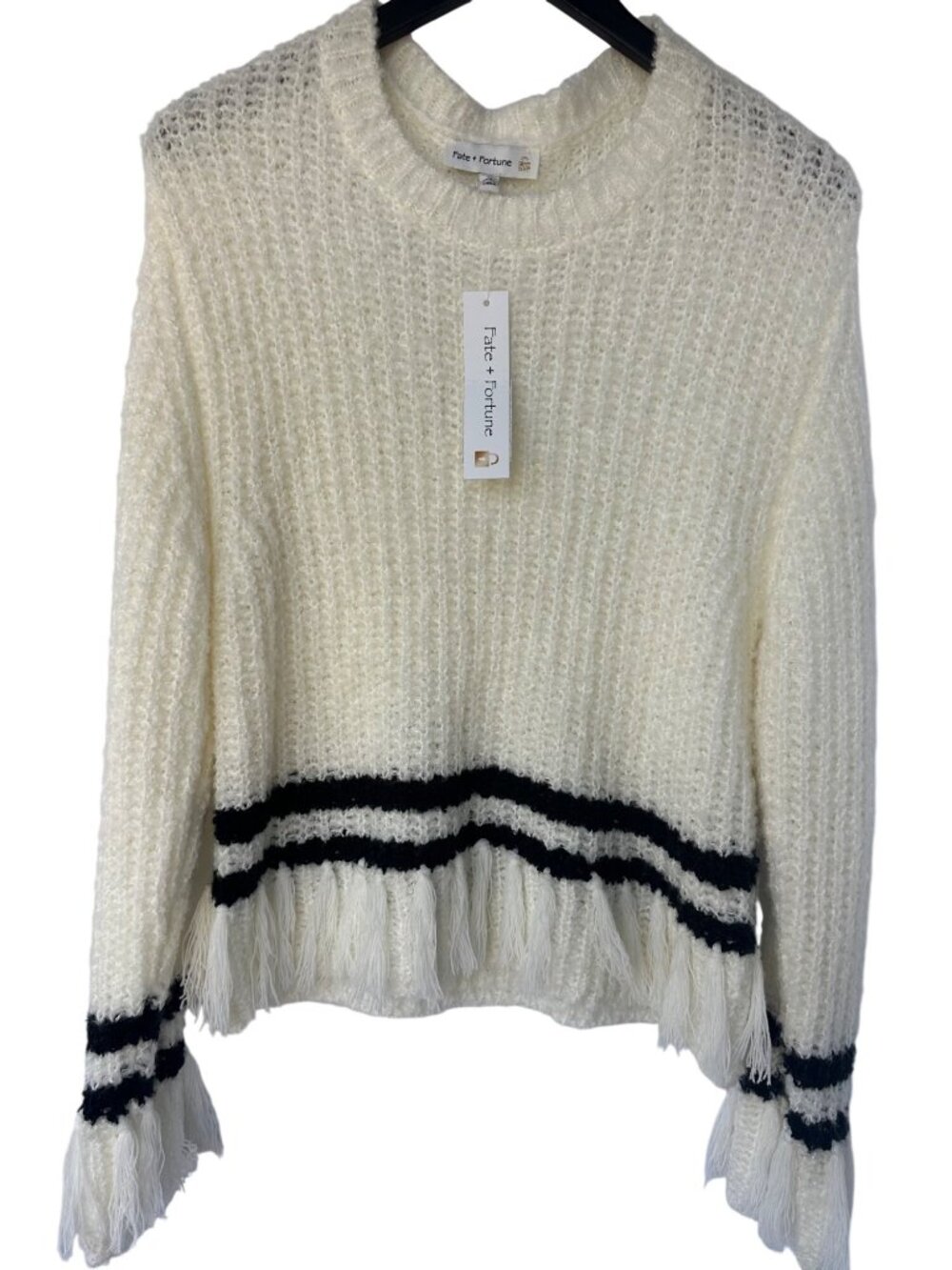 Fate + Fortune Sweater Large Striped Crewneck Long Sleeve Fringe Trim Cozy NEW